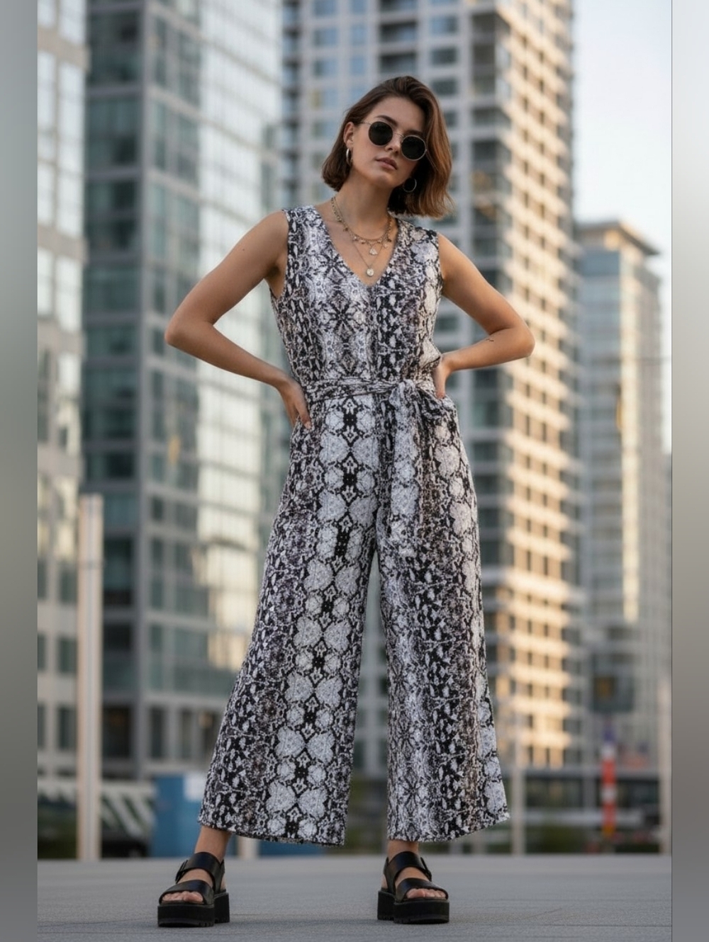 Nicole Miller Snake Print Jumpsuit Wide Leg Belted V Neck Size 4